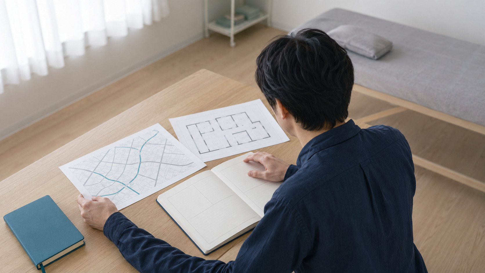 地図や間取り図、ノートを並べて開業準備を検討している机上のイメージ