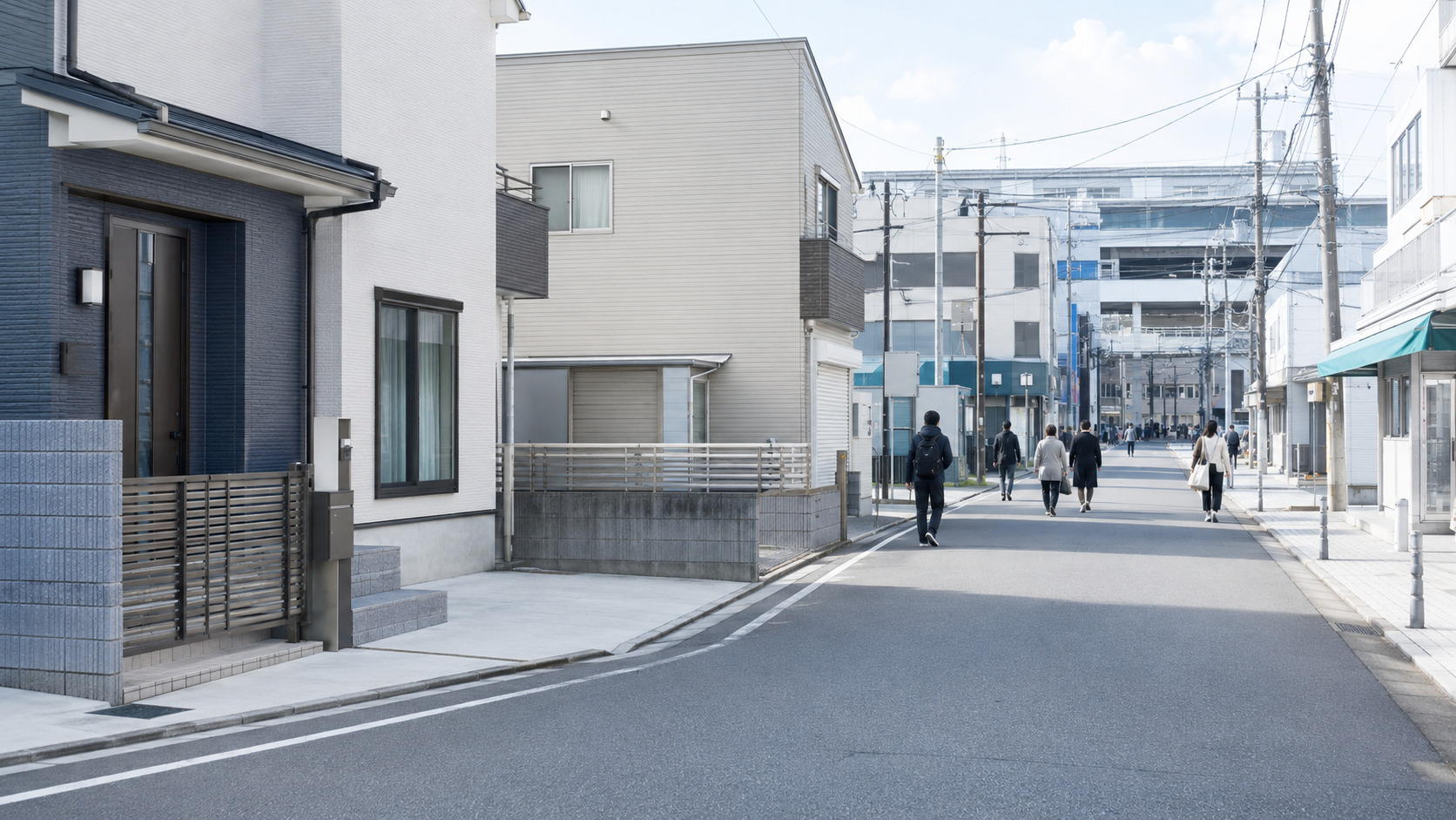 住宅街と駅前の商店街を対比的に捉えた街並みのイメージ