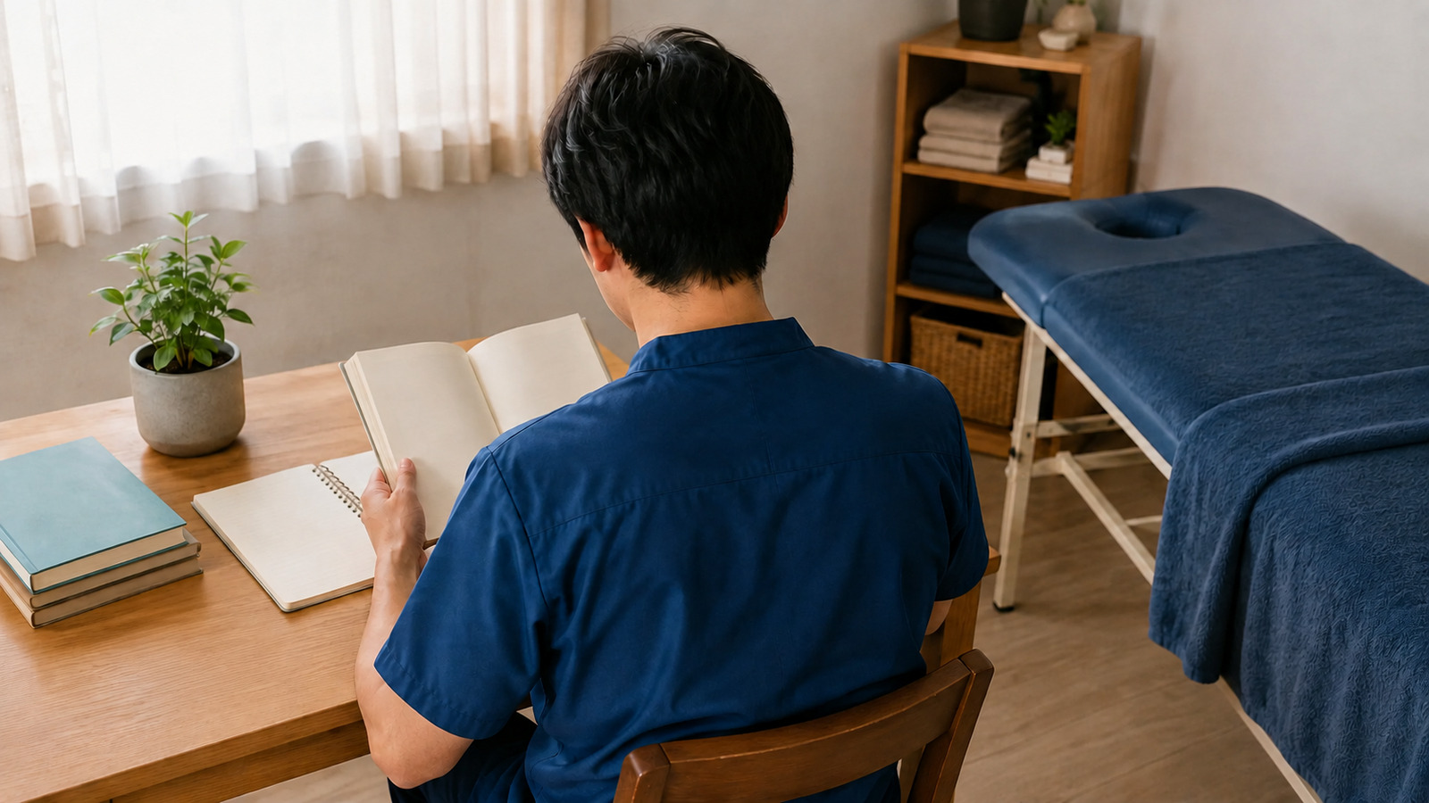 診療後の施術室で経営に関する本を読む院長の後ろ姿のイメージ