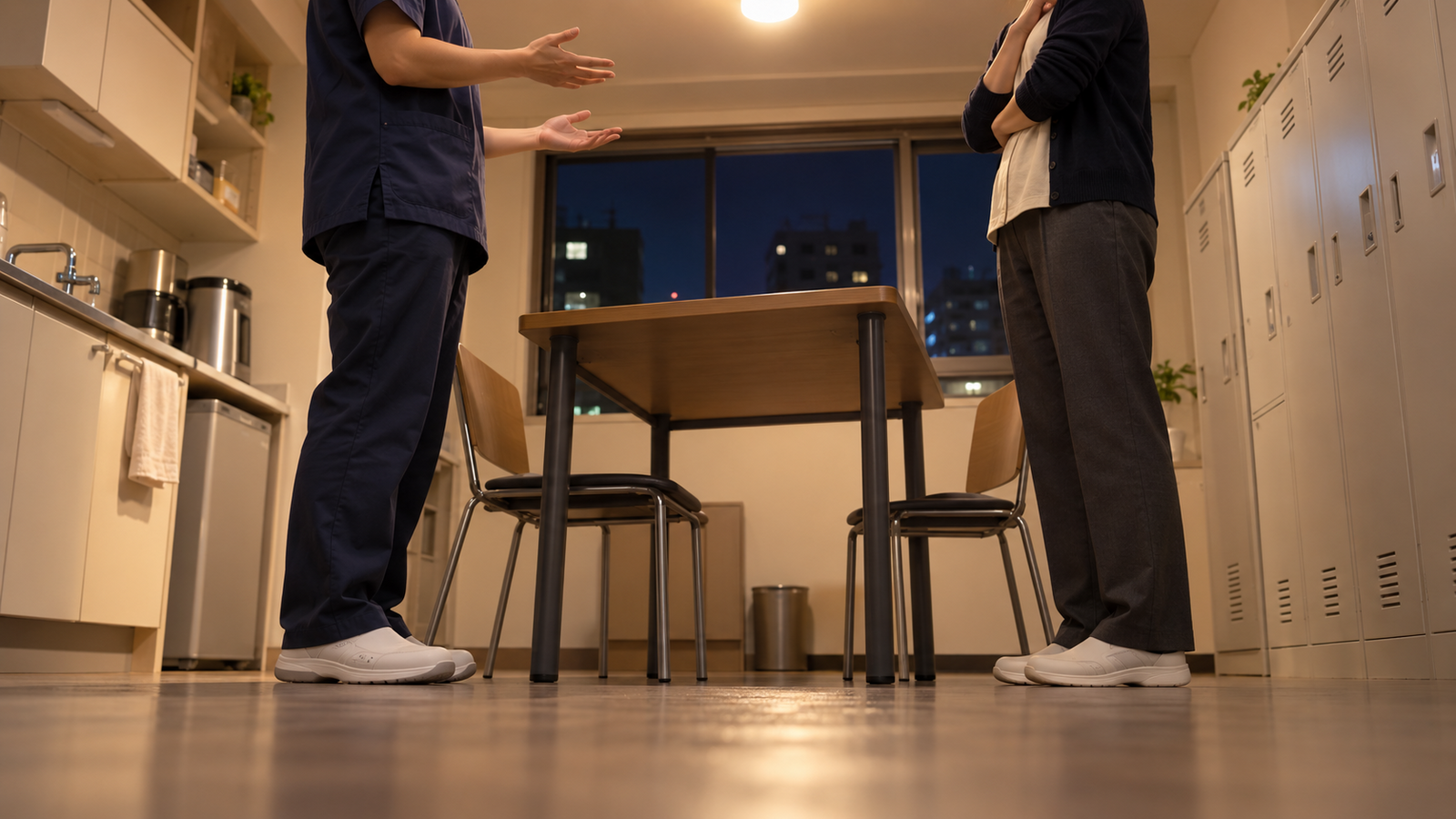 閉院後のスタッフルームで立ち話をする院長とスタッフのイメージ