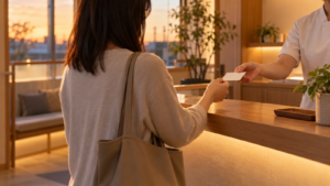 受付で会計を終えた来院者に、スタッフが無地の案内カードを差し出している場面のイメージ