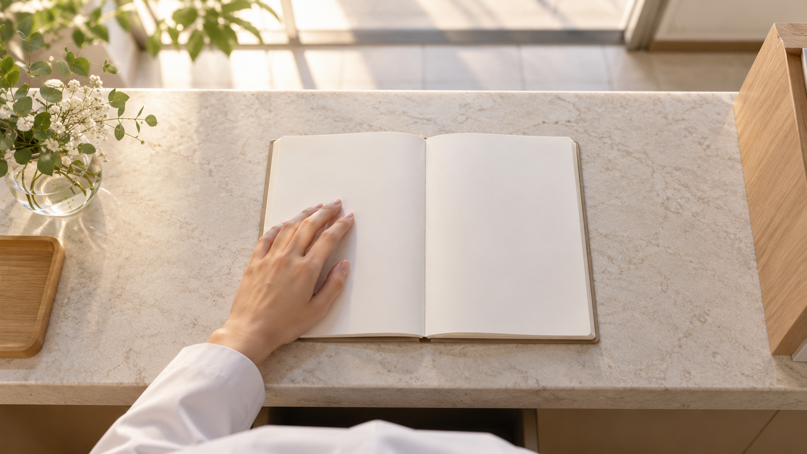 閉院後の受付で、開いたノートに手を添えて内容を読み返している様子のイメージ