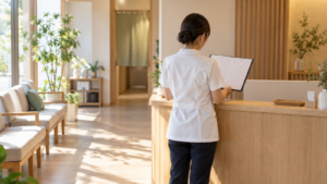 朝の光が差し込む受付で予約表を確認する施術所スタッフの後ろ姿