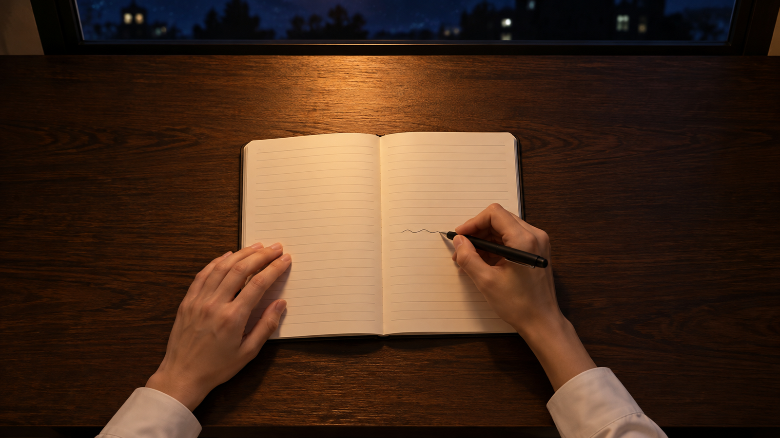 閉院後のデスクを真上から見た、記録ノートに書き込む手元