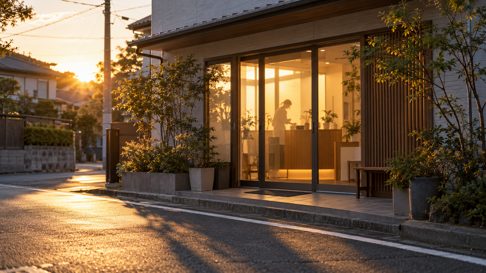 夕方、通りから見た院の入口と外観。ガラス戸の内側が逆光でシルエットになる