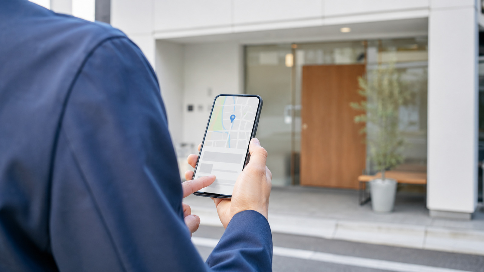 スマートフォンで地図アプリの店舗情報を確認している手元のイメージ