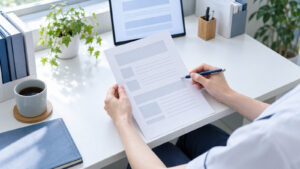 接骨院の事務デスクに置かれた求人票の下書きとノートパソコンのイメージ