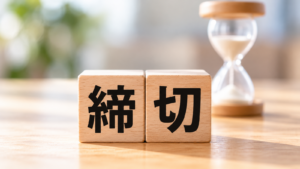 「締切」と書かれた木の積み木と砂時計のイメージ