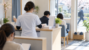 昼の受付カウンターで案内の冊子を並べ直すスタッフの後ろ姿のイメージ