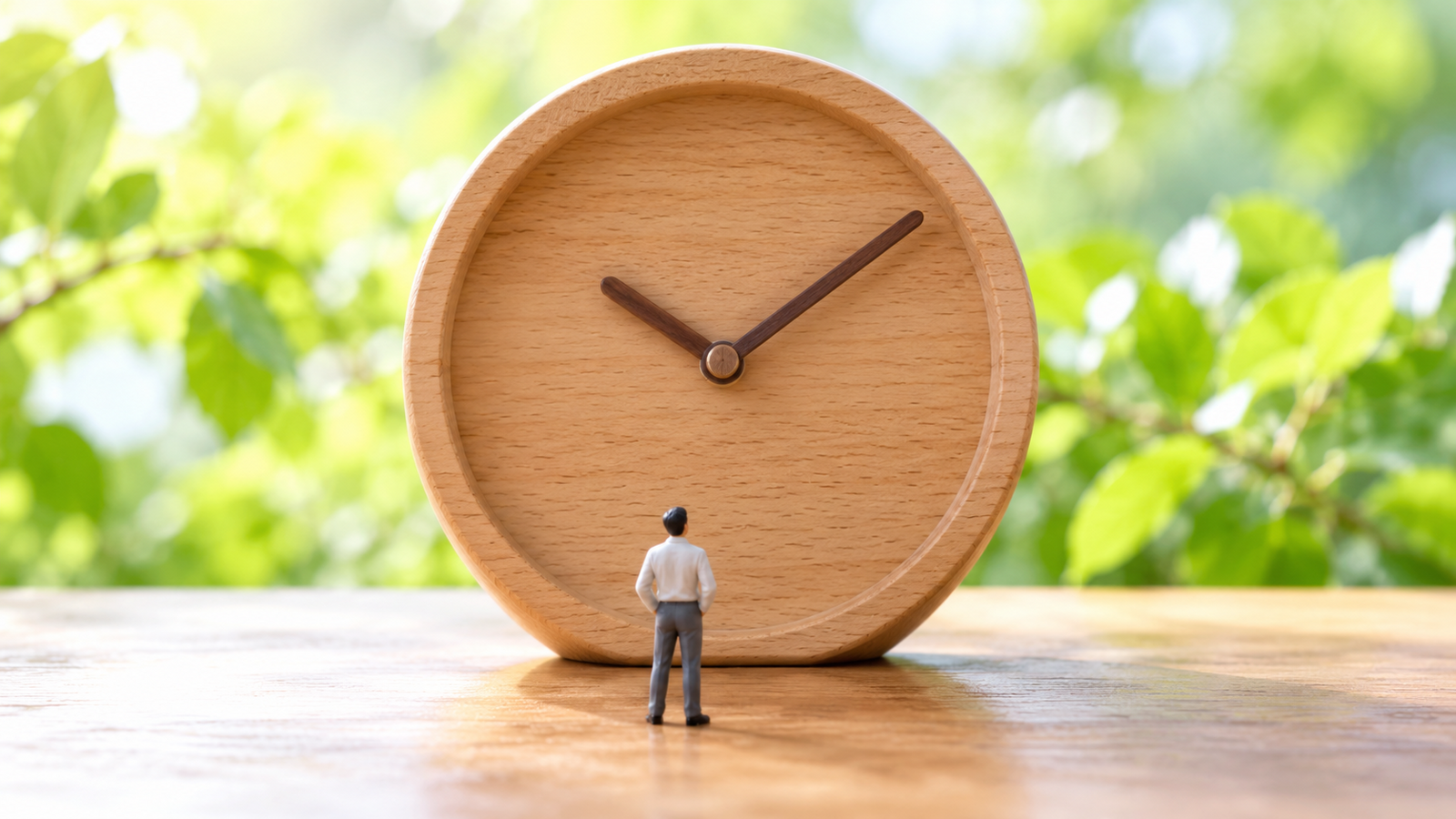 置き時計を見上げるミニチュア人形で、開業準備の時点ごとの確認を表すイメージ