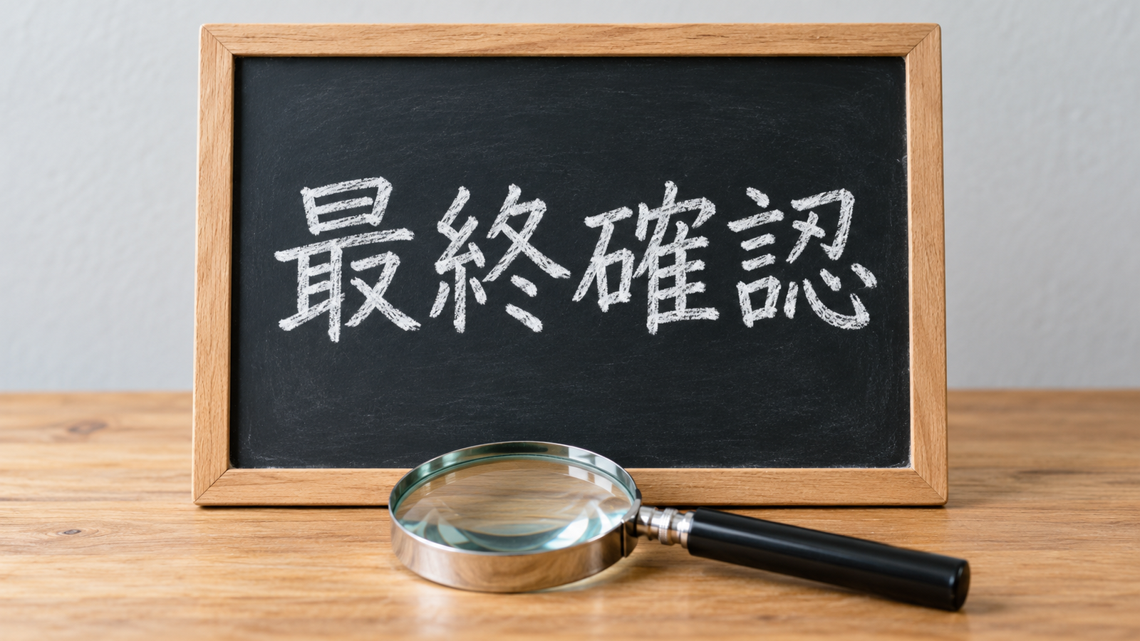 「最終確認」と書かれたミニ黒板と虫眼鏡のイメージ
