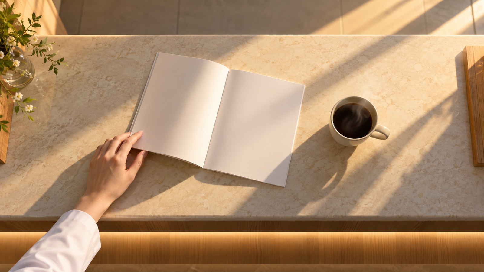閉院後の受付カウンターで院の案内冊子を開いている手元のイメージ